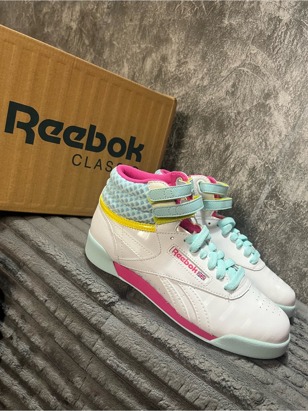 Reebok Girl’s High-Top Sneakers in White with Pink & Mint